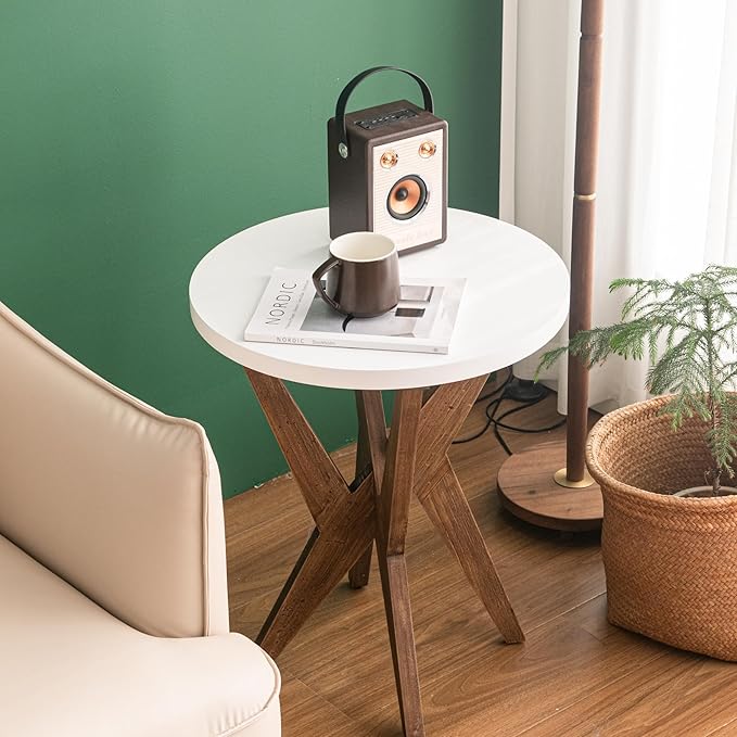 Farmhouse Round End Table Set of 2 with MDF Top and Crossed Legs, Boho Small Side Table for Living Room, Balcony, Small Spaces, Easy Assembly Bedside Table