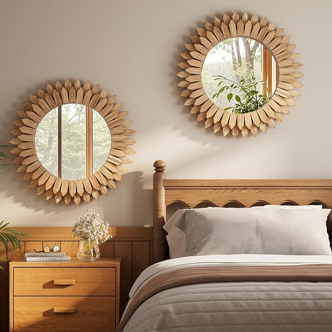 Boho Wood Sunburst Round Wall Mirror, 24 Inch Rustic Circle Wooden Frame Decorative Mirror for Farmhouse Coastal Home, Home Wall Decor for Living Room Entryway Bedroom, Light Wood