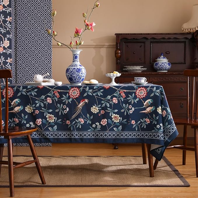 patdrea Designer Vintage Dark Blue Linen Square Tablecloth,Navy French Floral and Birds Pattern Table Cloth,Decoration Table Cover for Kitchen,Dining,Tea Party,Home,Christmas,55"*55"