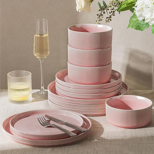 GBHOME 12-Piece Stoneware Dinnerware Set for 4 – Ribbed Ceramic Plates and Bowls, Scratch-Resistant, Microwave & Dishwasher Safe, Reactive Glaze, Blush Veil
