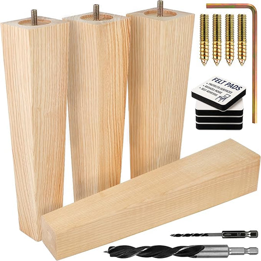 Airy Abode Premium Ash Wood Square Furniture Legs (Full Install Kit) - Pick Your Size and Color