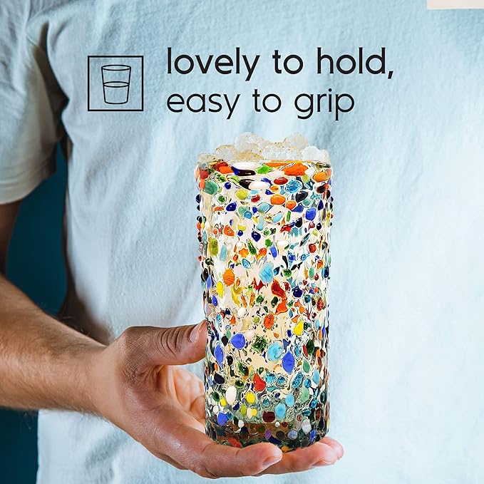 Confetti Rocks 20 oz Tall Iced Tea Glasses (set of 6) Mexican Handmade Multicolor Glassware, Recycled Glass, Lead-free, Toxin-Free (Tall Iced Tea)
