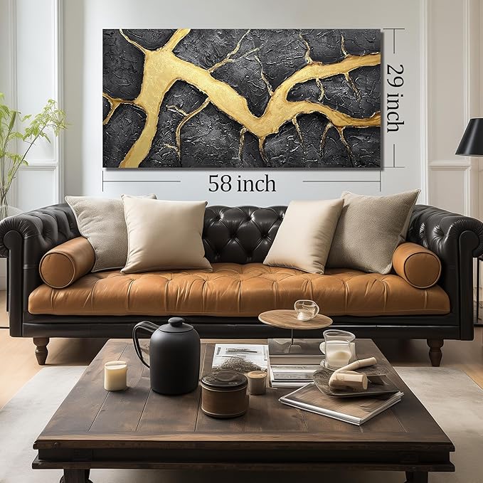 DNIEOTU Hand Painted Abstract Wall Art for Living Room, Black and Gold Canvas Wall-Decor for Bedroom, 3D Textured Paintings for Hallway Office, Large Size 59 x 29 Inches