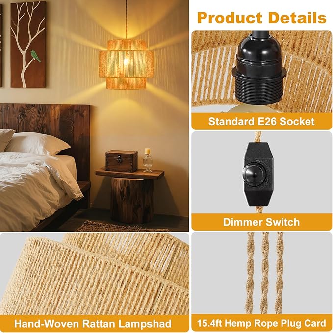 Boho Plug in Pendant Light Dimmable Switch, Wicker Hangings Lights with Plug in Cord 14.7ft Hemp Rope, Rattan Lampshade Hanging Pendant Light, Jute Hanging Lamp for Kitchen Dining Room Bedroom