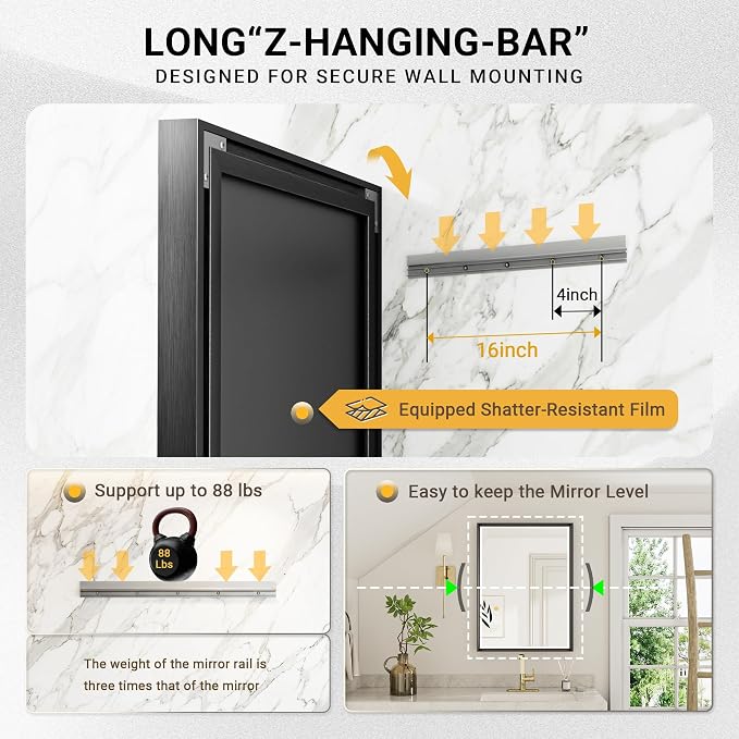 48 x 30 Black Framed Mirror for Bathroom, Beveled Black Bathroom Vanity Mirror Anti-Rust, Shatterproof Matte Black Rectangle Metal Frame Mirror, Vertical/Horizontal Large Wall-Mounted Mirrors