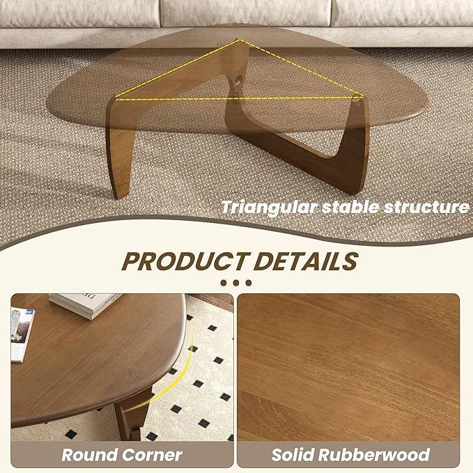 Mid Century Modern Coffee Table, Solid Wood Triangle Coffee Table for Living Room, Modern Tea Table for Home, Walnut, 35.4x23.6x16.5