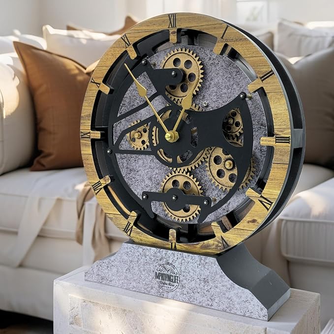 ImprovingLife Desk Clock 10 inches with Real Moving Gears Convertible into Wall Clock (Brown and Grey)