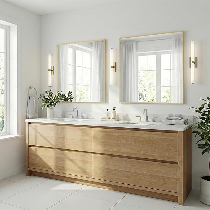 30"x30" Square Gold Bathroom Mirror, Shatterproof Tempered Glass, Brass Tone Geometric Narrow Frame, Ultra-Flush Wall-Mounted