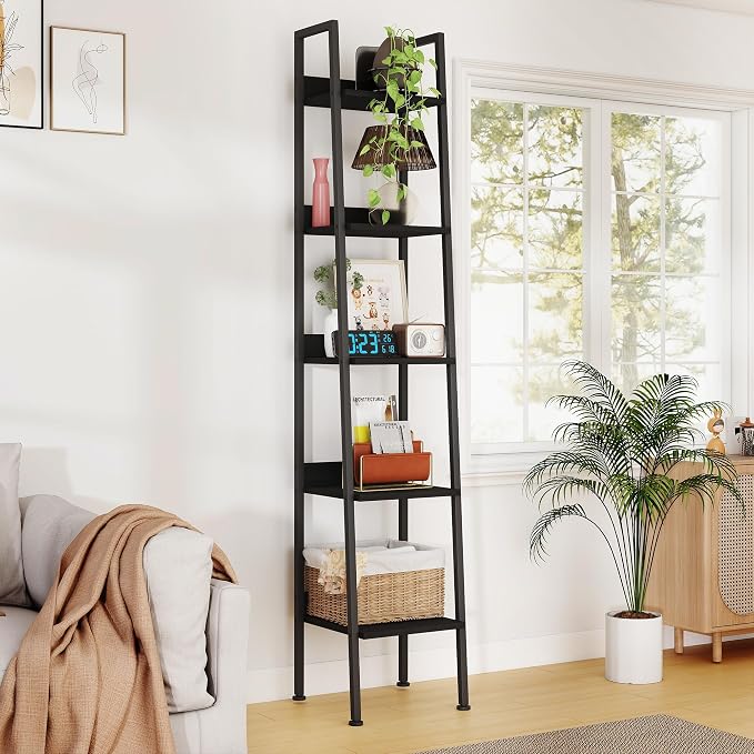 Ladder Shelf, 5 Tier Ladder Shelf, 13.5” Wide Tower Storage Shelf for Books, Anti Tip Feature, Steel Frame, Perfect for Bookshelf, Plants, Kitchen, Living Room, Office, Dark Gray