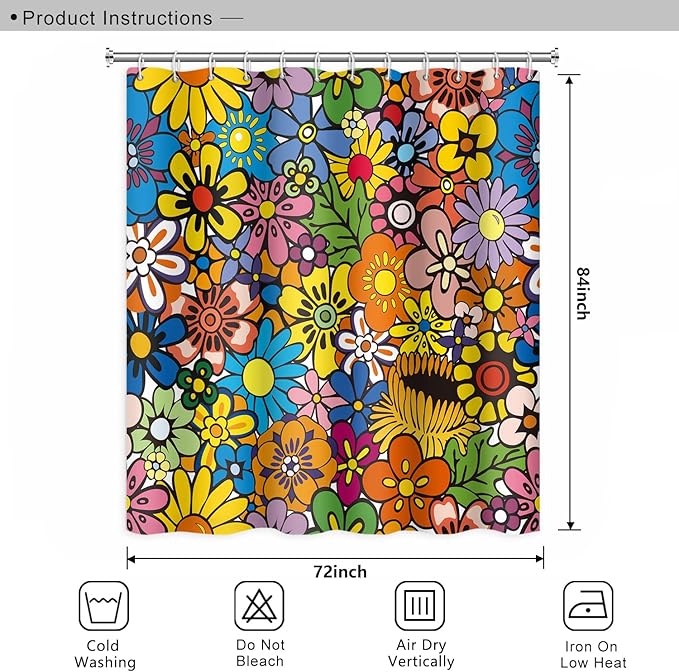 Bohemia Colorful Flowers Bathroom Shower Curtain Funky Retro Hippie 60s 70s Aesthetic Washable Polyester Durable Fabric Home Shower Curtain with Hooks, 72x84 Inch
