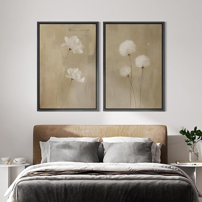 IDEA4WALL Framed Canvas Print Wall Art Set Neutral Floral with White Flowers and Dandelions Illustrations Modern Art Decorative Bohemian Calm/Zen for Living Room, Bedroom, Office - 24"x36"x2 Black