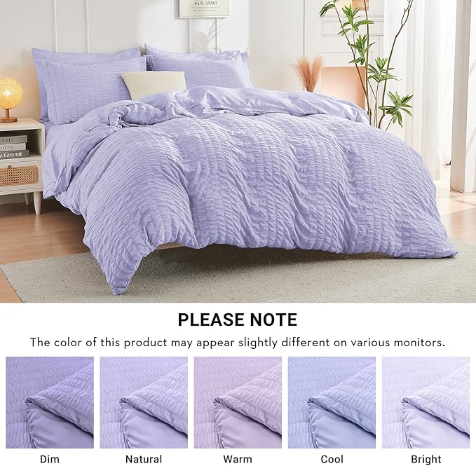 HYMOKEGE Light Purple Queen Comforter Set Seersucker 7 Pieces, All Season Luxury Bed in a Bag Queen for Bedroom, Bedding Set with Comforter, Sheets, Pillowcases & Shams