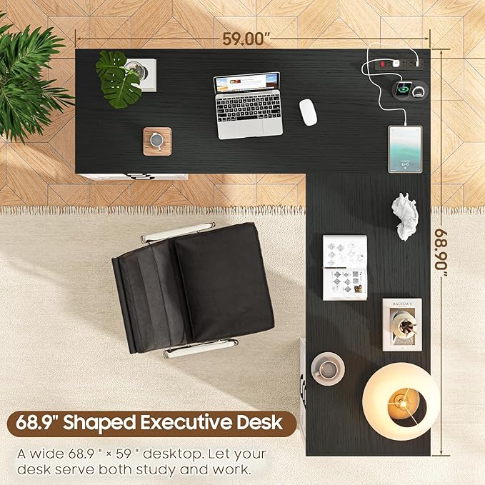Vabches Wood L Shaped Executive Desk with 6 Drawers, Farmhouse Home Office Desk with Power Outlets and Triangle Under-Desk Storage Shelf & Drawer File Cabinet, Corner Computer Desk, Black
