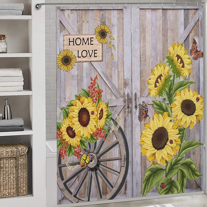 Rustic Sunflowers Butterfly Shower Curtain, Wooden Board Western Barn Door Farmhouse Vintage Daisy Floral Botanical Waterproof Shower Curtains for Bathroom Decor 12 Pack Hooks 72x72in (183x183cm)