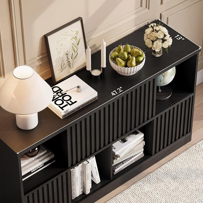 Einhomn 8 Cube Storage Organizer with Sliding Doors, Modern Fluted Bookshelf with Storage Cabinet, Wooden Bookcase with 4 Open Shelves for Living Room, Home Office, Bedroom, Black