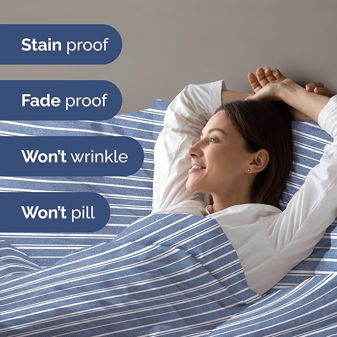 Duvet Cover Queen Size - Extra Soft Queen Size Duvet Cover - Lightweight, Breathable, Easy Care & Fade Free w/Zipper Closures & Ties - 90" x 90" Inches - (Blue Stripes 3) Comforter Not Included