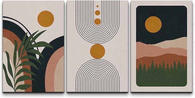 wall26 Canvas Print Wall Art Set Boho Geometric Mid-Century Plant Planet Landscape Nature Abstract Illustrations Modern Bohemian Decorative for Living Room, Bedroom, Office - 24"x36" x 3