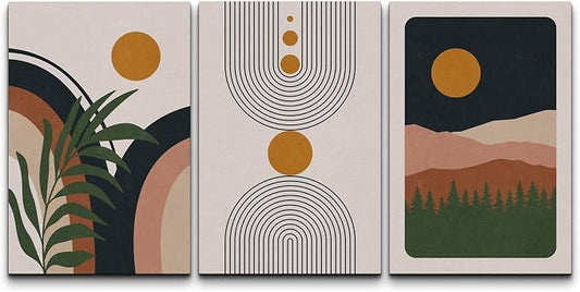 wall26 Canvas Print Wall Art Set Boho Geometric Mid-Century Plant Planet Landscape Nature Abstract Illustrations Modern Bohemian Decorative for Living Room, Bedroom, Office - 16"x24" x 3