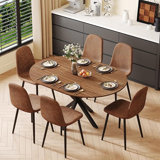 43"-59" Extendable Round Dining Table for 4-6,Mid Century Modern Walnut Wood Grain Table,Expandable Kitchen Table for Small Spaces