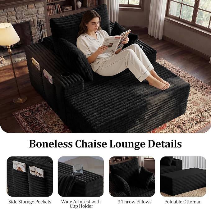 85" Oversized Chaise Lounge Chair Convertible 2-in-1 Boneless Sleeper Couch Bed Indoor Comfy Cloud Corduroy Reading Armchair sofa with Storage Pockets&Cup Holders for Bedroom,Living Room,Black
