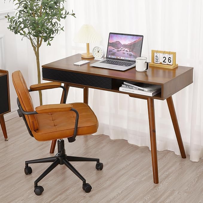 GAOMON Modern Simple Home Office Desk, Mid Century Modern Computer Writing Desk with Drawer Solid Wood Legs and Open Storage Cubby, Small Vanity Table Desk for Bedroom (Walnut)