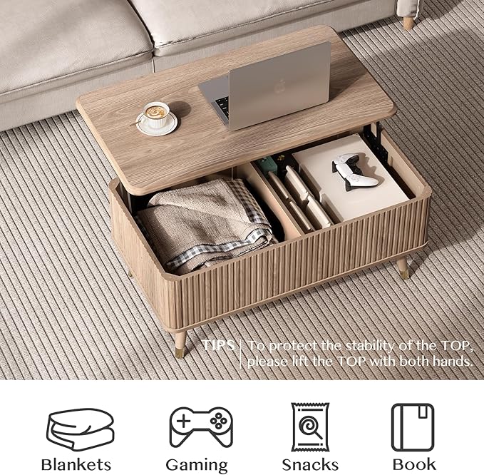 Lift Top Coffee Table with Storage, Mid Century Modern Rectangular Center Table, Fluted Design with Hidden Compartment, Rising Desk for Work from Home, Living Room Furniture, Oak Finish