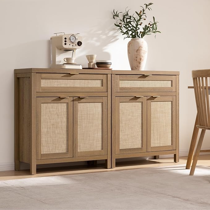 SICOTAS Sideboard Buffet Cabinet Set of 2, Rattan Credenza Storage Cabinet, Boho Buffet Table Console Cabinets with Drawer, Farmhouse Coffee Bar for Entryway Living Room, Natural Oak
