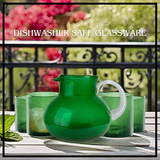 ARTLAND Iris 90oz Handcrafted Pitcher & 14oz Double Old Fashion Glasses (Set of 4) - Lead-Free Bubble Drinkware for Elegant Dining & Serving - Ideal for Water, Cocktails, Juice, Gatherings (Green)