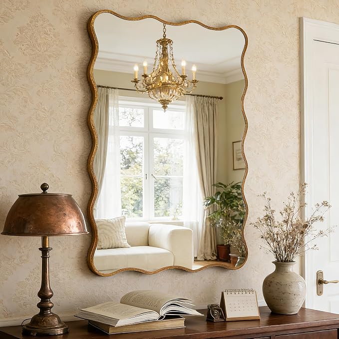SHYFOY Wall Mirror Decorative, Antique Mirror Gold Wavy Mirrors 20x30” Irregular Mirrors Asymmetrical Ripple Wall Mirrors Abstract for Hallway Living Room Bedroom Entryway