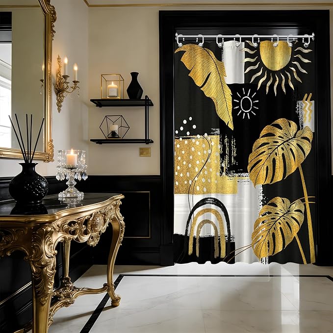 Small Stall Narrow Black and Gold Shower Curtain Boho Stand Up Abstract Dark Mens Shower Curtains for Rv Camper Bathroom Decor Sets, Waterproof Cloth Fabric with Hooks, 36 x 72 Inch