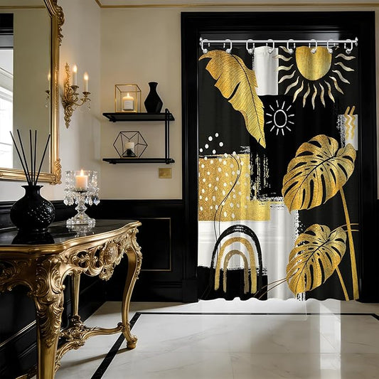 Small Stall Narrow Black and Gold Shower Curtain Boho Stand Up Abstract Dark Mens Shower Curtains for Rv Camper Bathroom Decor Sets, Waterproof Cloth Fabric with Hooks, 36 x 72 Inch
