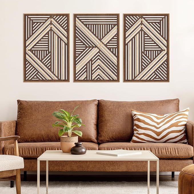 CHDITB Boho Geometric Wood Wall Art(Set of 3, 16"x24"), Large Modern Wooden Panel Hollow Line Art Decor, Rustic Abstract Minimalist Wall Hanging Artwork for Bedroom Living Room Office