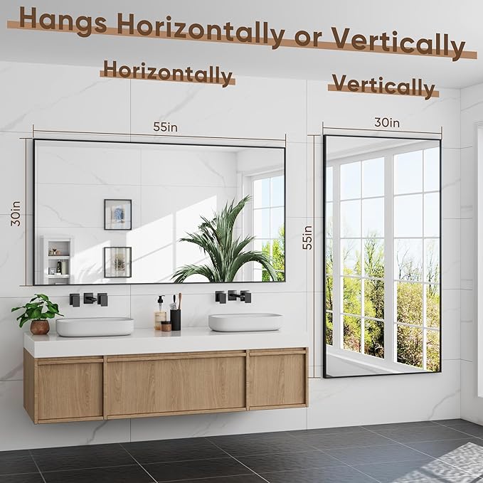 Bathroom Mirrors for Over Sink 55" x 30", Black Metal Frame Rectangle Wall Mirror, Modern Farmhouse Vanity Mirror(Horizontal/Vertical)