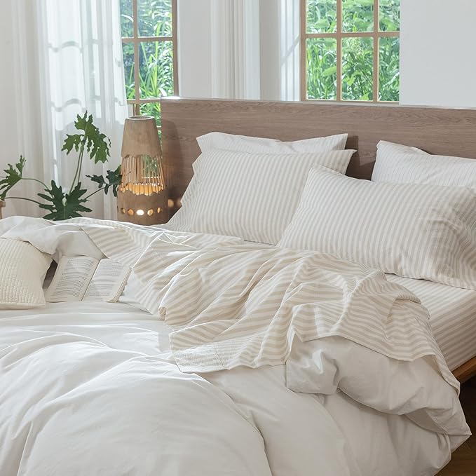 MooMee Striped Sheet Set 100% Washed Cotton Linen Like Textured Breathable Durable Soft Comfy (Almond Milk Grey Classic Stripes, Queen)
