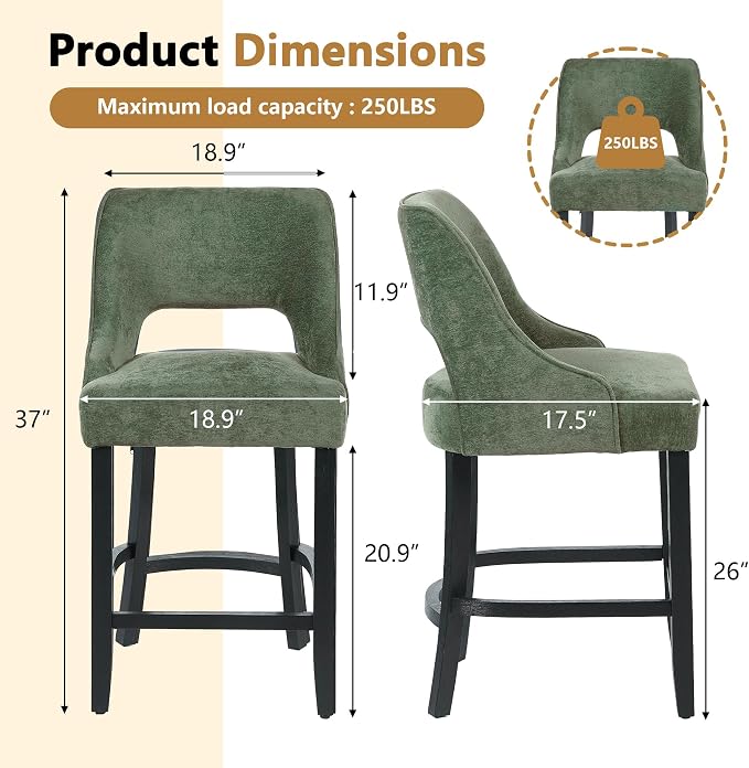 ClinQ Bar Stools Set of 2, 26" H Counter Height Bar Stools with Backs, Modern Upholstered Accent Barstools with Curved Footrest for Kitchen Island, Dining Room and Bar, Green-Black Legs