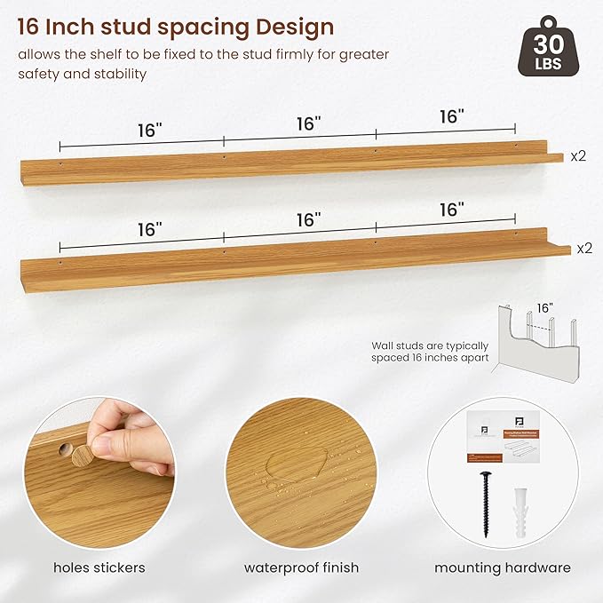 Axeman Picture Ledge Shelf | 55 Inch Oak Floating Shelves Set of 4 | Rustic Wood Wall Shelves with Lip | 55" Oak Picture Shelves for Wall with Ledge | Photo Shelves