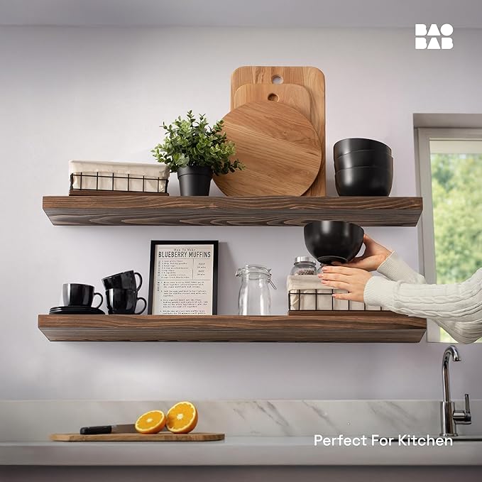 BAOBAB WORKSHOP Solid Wood Floating Shelves for Wall 36 Inches Long, Heavy Duty Wall Shelf for Bedroom 36 Inch Large, Real Wooden Bathroom Shelf Kitchen Rustic, Walnut Shelves, 36W × 6.7D, Set of 2