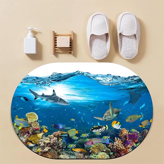 Bathroom Rug Mat Tropical Fish Colorful Coral Oval Bath Mat Doormat Absorbent Quick Dry Non Slip Diatom Mud Mat for Shower Tub Sink Laundry Kitchen Doorway 23.6x15.7 Inches