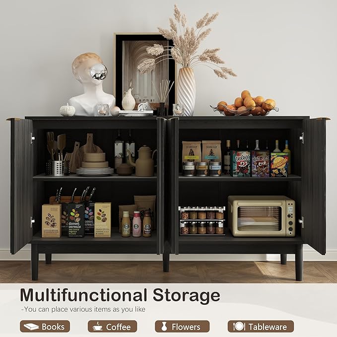 Fluted Cabinet with Storage, Small Buffet Cabinet Sideboard with Door, Kitchen Buffet Storage Accent Cabinets with Adjustable Shelves for Living Room, Entry, Hallway,Black