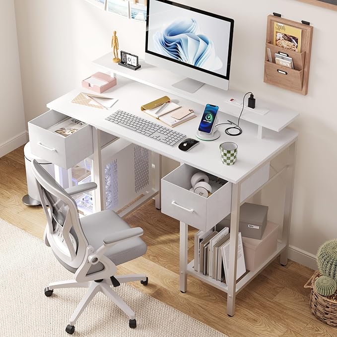 Furnify White Computer Desk with Drawers, 42 Inch Home Office Desk Study Writing Table, Gaming Desk with USB Power Outlets, Office Desk with Fabric Drawer, Work Table with Shelf for Bedroom, White