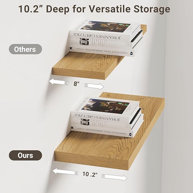 Vivelove 10" Deep Floating Shelves Over Toilet, 16" Wall Shelves for Bathroom Bedroom Kitchen Living Room Laundry Room, Modern Rustic Shelves for Home Decor, 16"x10.2"x1.5", Set of 2, Oak