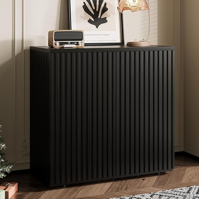 Rophefx Fluted Sideboard Cabinet, 63" Buffet Cabinet with Storage, Credenza Storage Cabinets with Adjustable Shelf, Wood Entryway Cabinets with Pop-up Doors for Living Room, Entryway, Hallway, Black