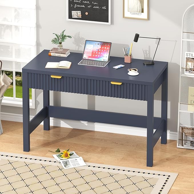 YOMILUVE Fluted Computer Desk with 2 Drawers, 39 Inch Small Computer Desk with Storage, Compact Writing Study Desk for Small Spaces, Blue
