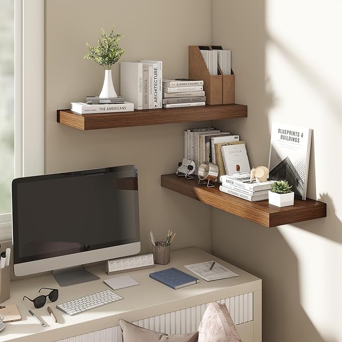 Dreamland 30 Inch Floating Shelves for Wall,8 Inch Deep Floating Shelves,30" W x 8" D Wall Shelves for Bedroom,Living Room, Kitchen,Bathroom,Walnut,Set of 2