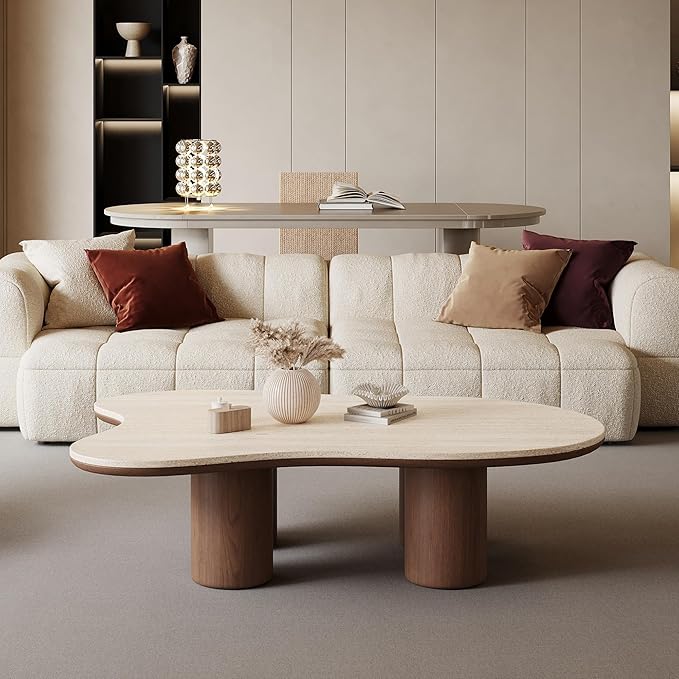 Cloud Shape Coffee Table, Walnut Wood Coffee Table for Living Room, Irregular Indoor Tea Table, 48.4" Modern Home End Table with 4 Legs(Stone, Brown)