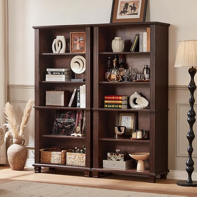 SAVOR LIFE 70" Tall Walnut Bookshelf,5 Tier Wooden Book Shelf with Adjustable Shelves & Wood Legs,Free Standing Farmhouse Bookcase with Open Display Storage,Vintage Bookshelves for Classroom, 2PCS