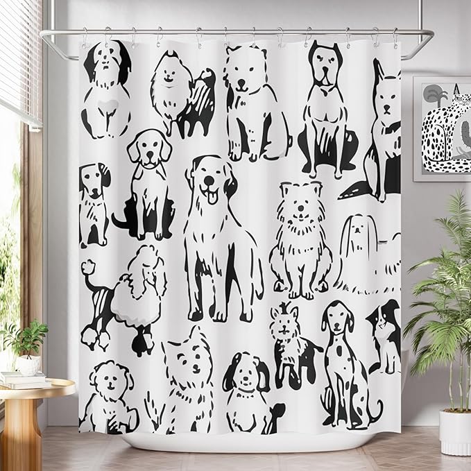 AmazerBath Shower Curtain, Washable Cloth Cute Dogs Kids White and Black Shower Curtain Set with 12 Shower Curtain Hooks, Kawaii Pet Puppy Waterproof Shower Curtains for Bathroom Decor, 72x72 Inches