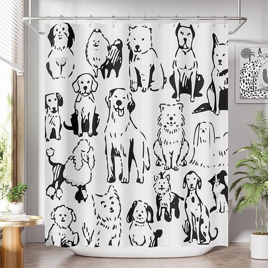 AmazerBath Shower Curtain, Washable Cloth Cute Dogs Kids White and Black Shower Curtain Set with 12 Shower Curtain Hooks, Kawaii Pet Puppy Waterproof Shower Curtains for Bathroom Decor, 72x72 Inches