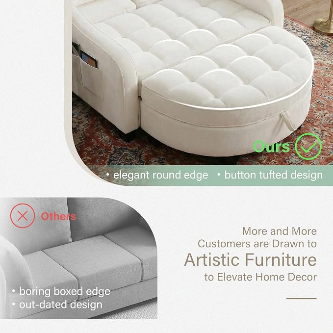 Round Chaise Lounge Chair with Storage Ottoman, Oversized Bubble Chair and a Half Featuring Adjustable Backrest, Plush Reading Accent Chair and Ottoman Set for Bedroom, Light Beige