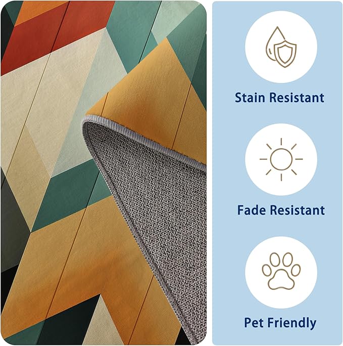 Geometric Rugs for Bedroom - Washable Mid Century Modern Rugs for Living Room - 7x7 ft - Abstract MCM Design Area Rug & Home Decor - Retro Indoor Carpet with Non Slip Backing